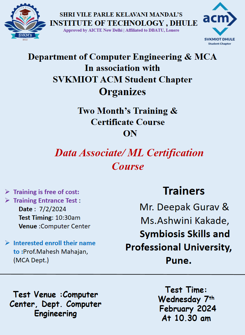 Two Month's Training & Certificate Course On Data Associate/ML Certification Course